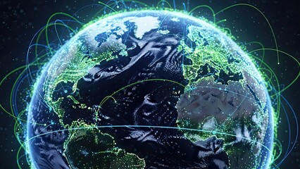 Stunning global network visualization with glowing connections for worldwide communications and technology solutions, showcasing digital connectivity and innovation