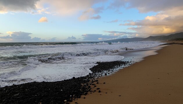 Gentle ocean waves rolling onto sandy shores with soft hues of sunset across the horizon.