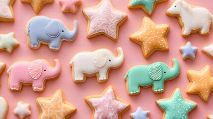 Festive Sugar Cookies: A Whimsical Display of Pastel Animals and Sparkling Stars for Holiday Celebrations and New Year's Treats