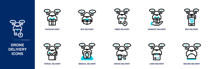 Drone Delivery Blue Colored Outline Icon Set