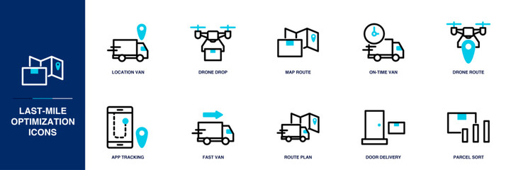 Last-Mile Optimization Blue Colored Outline Icon Set