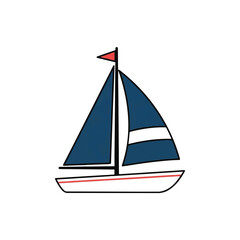 Illustration of a sailboat with blue sails and a red flag.