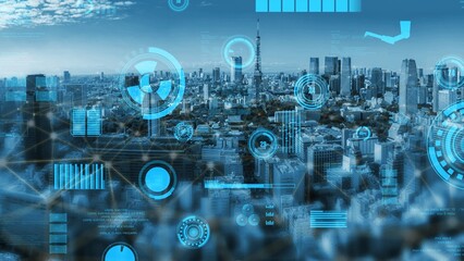 A stunning aerial view of a modern city skyline blended with digital graphics, illustrating technological progress and innovation within an urban environment. Xenic