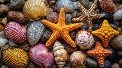 Colorful seashells and starfish on pebbles