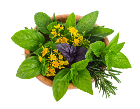 A top-down shot of various herbs & tiny yellow flowers arranged inside of a small, wooden bowl against a black background