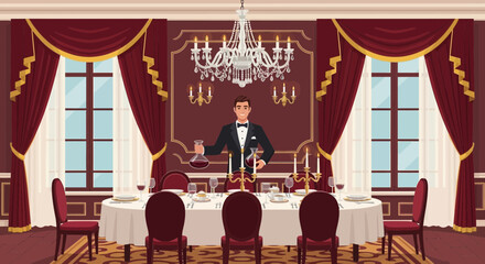 Illustration showcasing an elegant waiter serving wine in a luxurious dining setting