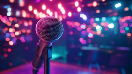 Microphone on Stage, Night Club, Concert, Spotlight, Music Performance, Live Show, Entertainment, Audio, Vocal, Singing, Performance, Stage Lights, Close Up, Dark Room