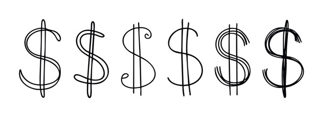 A row of diverse hand drawn dollar symbols showcasing different styles and textures, perfect for finance related topics and symbolizing wealth accumulation or financial growth concepts.