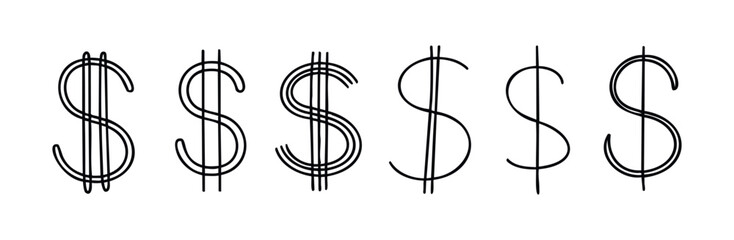 Collection of various stylized dollar symbols for financial concepts and money related themes used in economic and business contexts