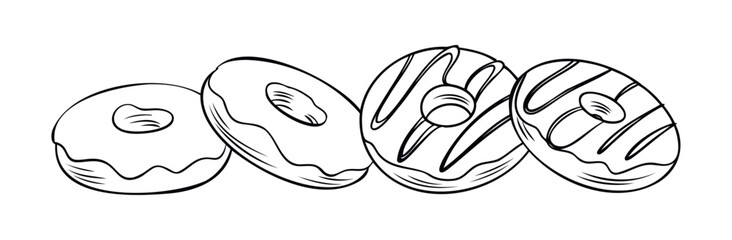 Line drawing of four delicious donuts with frosting and stripes, perfect for food blogs, menus, and sweet treat promotions, symbolizing indulgence and joy.