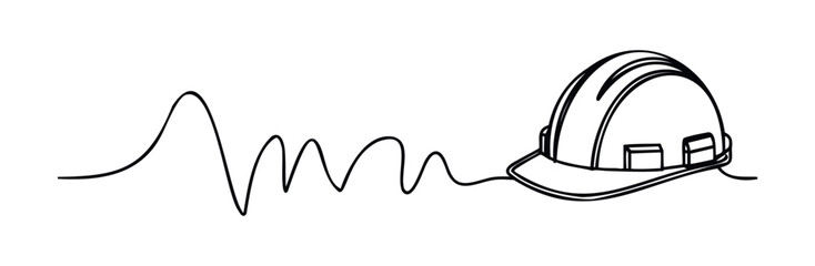 Minimalist single line drawing of a construction hard hat connected to a waveform, representing safety and data or progress for industry projects and professional services.