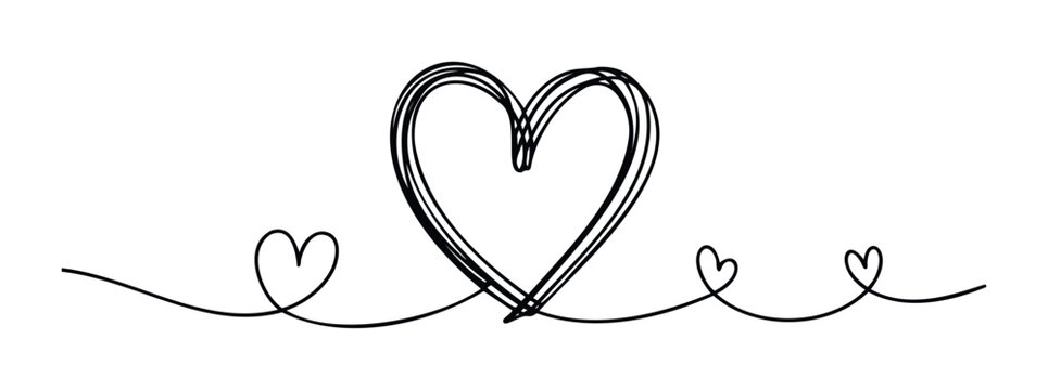 Simple black continuous line drawing of multiple hearts connected by a flowing line, perfect for romantic themes, expressing love and connection, ideal for graphic resources and digital