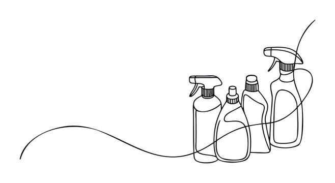 Continuous line drawing of assorted cleaning spray bottles and containers for household chores and sanitation, suitable for use in home maintenance or hygiene related projects.