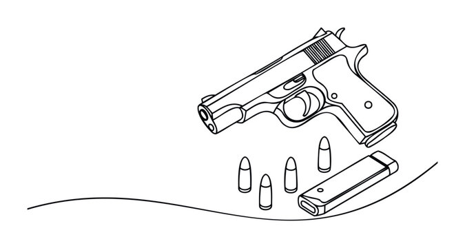 A detailed line drawing of a handgun with bullets and a magazine, perfect for use in safety campaigns or instructional materials about firearm components.