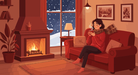 Cozy winter scene: Woman relaxing by the fireplace with hot drink