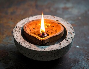Close-up of a traditional Indian oil lamp diya with a bright flickering flame creating a warm glow