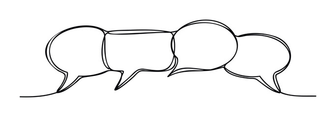 Continuous line drawing of four connected speech bubbles representing communication and dialogue for discussion and conversation concepts in media and advertising