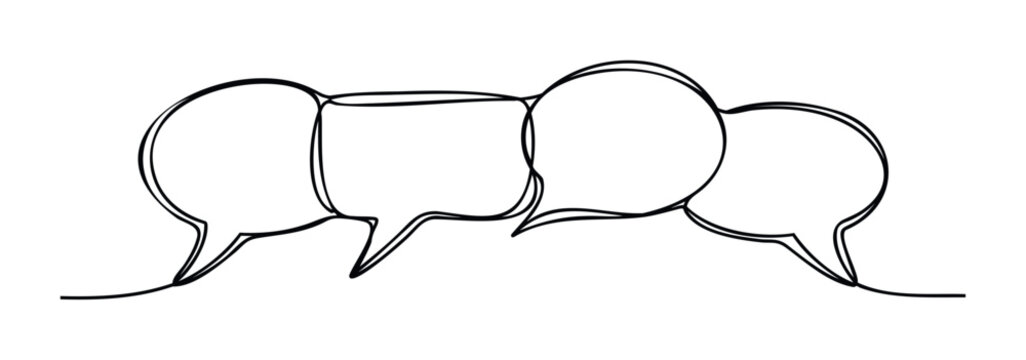 Continuous line drawing of four connected speech bubbles representing communication and dialogue for discussion and conversation concepts in media and advertising