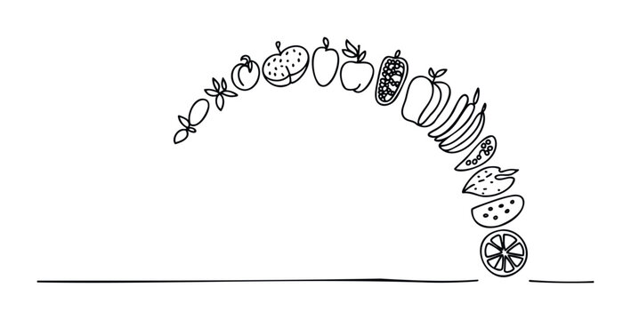 Line drawing of assorted fruits arranged in an arc from top left to bottom right, suitable for healthy eating and food themes.