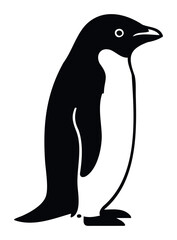 Fototapeta premium Black silhouette of an Adelie penguin standing on its feet with its head slightly tilted and beak pointed to the right, ideal for wildlife and nature themes.