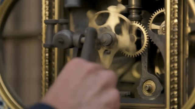A close-up view of a person's hand adjusting the intricate gears and levers within a vintage clock mechanism.
