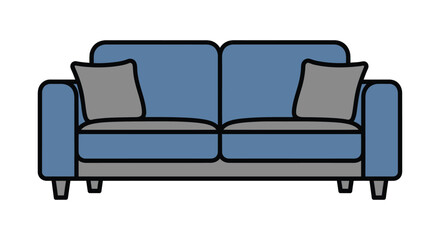 Simple illustration of a modern two seater sofa with blue upholstery and gray cushions