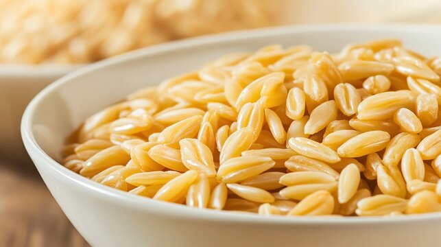 kamut. Close-up of a bowl containing cooked grains, highlighting their elongated shape. menu design, packaging mockups, designed for culinary blogs and recipe cards for restaurants.