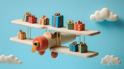 Magical Holiday Delivery: A Charming Wooden Monoplane Flying With Gifts in a Dynamic and Whimsical 3D Rendered Scene.