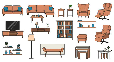 Collection of modern living room furniture icons in a flat design style