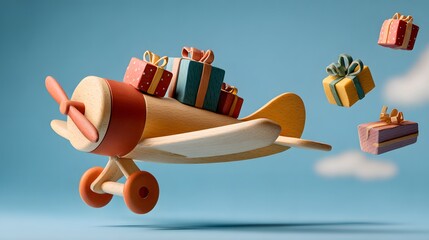 Joyful Miniature Delivery: A Cute Wooden Airplane Carrying a Multitude of Colorful Wrapped Holiday Gifts in a 3D Rendered Sky.