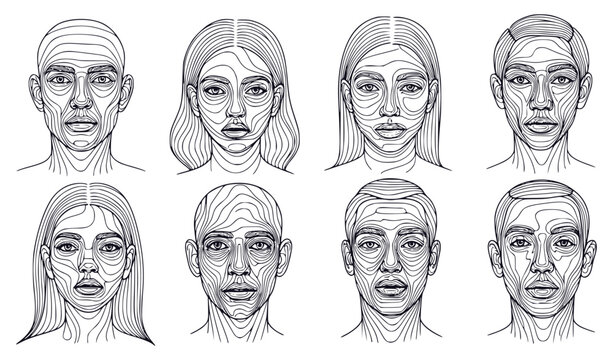 Detailed vector portraits featuring faces defined by flowing, abstract line work. Represents human topography, emotion, and identity. Perfect for modern, artistic, and technological themes.