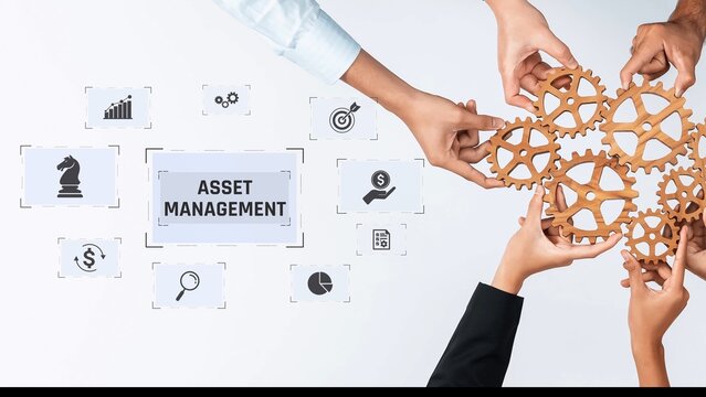 A dynamic image depicting teamwork in asset management, featuring hands engaging with gears alongside essential business symbols. Perfect for finance and strategy contexts. Raster