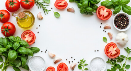 Vibrant Italian Mediterranean Cooking Ingredients Fresh Tomatoes, Aromatic Basil, Garlic, Olive Oil, and Spices Artfully Arranged on White.