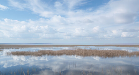 Fototapeta premium Serene still lake reflects the cloudy sky creating a peaceful landscape, perfect for travel blogs, nature photography, or meditation content
