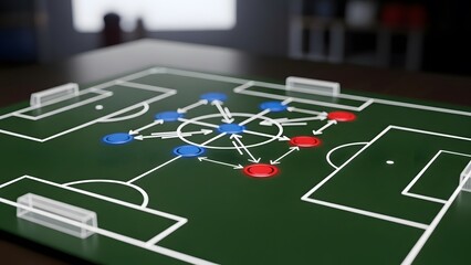 Tactical Football Play: A detailed, close-up shot of a miniature football pitch showcases strategic game plan, offering a glimpse into the complex world of sports strategy. 