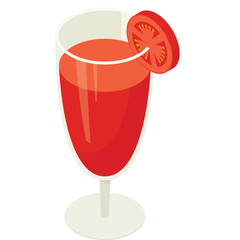 Tall clear glass filled with vibrant red tomato juice garnished with a fresh tomato slice on the rim with a straw and a white background