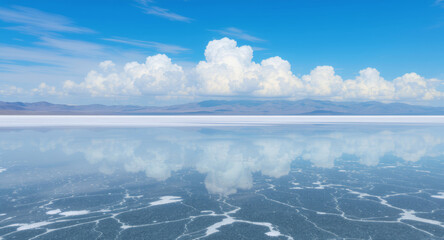 Breathtaking view of the Salar de Uyuni salt flats in Bolivia, reflecting the sky like a mirror, creating a serene and otherworldly landscape experience