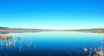 Fototapeta premium Serene blue lake reflects mountains on a crystal clear day, perfect for travel brochures, nature websites, and peaceful backgrounds for digital media