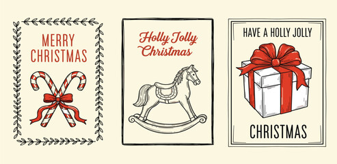 Hand-drawn Christmas cards featuring candy canes, a rocking horse, and a gift box, perfect for holiday greetings