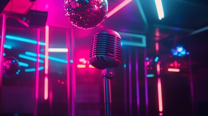 A retro microphone stands prominently against a vibrant neon disco backdrop perfect for music event