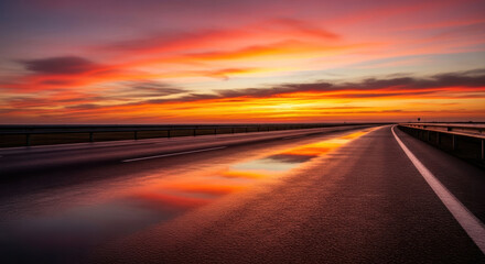 A long wet asphalt highway reflects a dramatic, fiery sunset sky, with vibrant orange and red clouds extending towards the horizon.