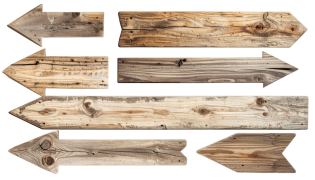 Collection of Photorealistic Weathered Wood Arrow Signs - Isolated Rustic Planks for Vintage Direction and Western Decoration