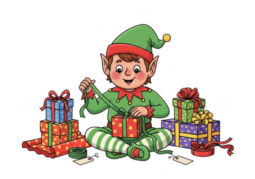 Cute cartoon elf wrapping presents isolated on transparent background for christmas marketing, web and social media