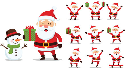 Set of Happy Santa Claus Characters with a Snowman Holding a Christmas Gift, Illustrating Various Poses for Seasonal Holiday Celebrations and Promotions on White.
