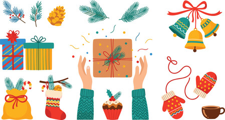 Festive Christmas Icons Gift Boxes, Mittens, Bells, Stockings, and Pine Cones for Holiday Decoration
