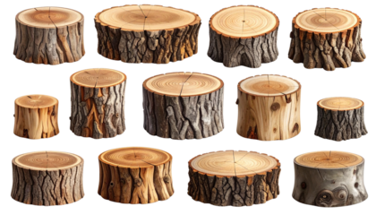 High-Detail Collection of Isolated Wood Tree Stumps - Rustic Timber Logs with Rough Bark and Visible Annual Rings