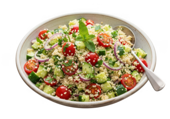 Fresh couscous salad with tomatoes and cucumber isolated on transparent background for healthy food blogs and recipes