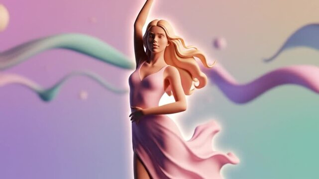 Ethereal Blonde Dancer in Pink Gown Posing Against Swirling Pastel 3D Shapes - Fashion Movement.