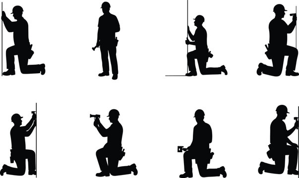 Construction worker silhouettes, manual labor, tool belt, drilling, kneeling worker, standing with tools, occupational safety, building site, craftsmanship, industrial labor, teamwork