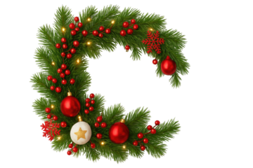 Christmas pine wreath decorated with red berries baubles snowflakes and warm lights forming an open circular festive frame isolated on white background
